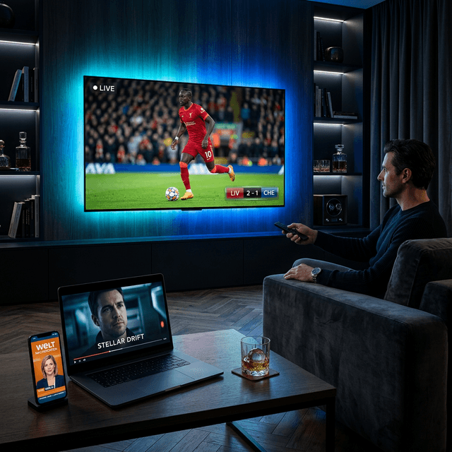 Heimkino mit Live-Fußball auf dem Fernseher, einem Film auf dem Laptop und Nachrichten auf dem Smartphone