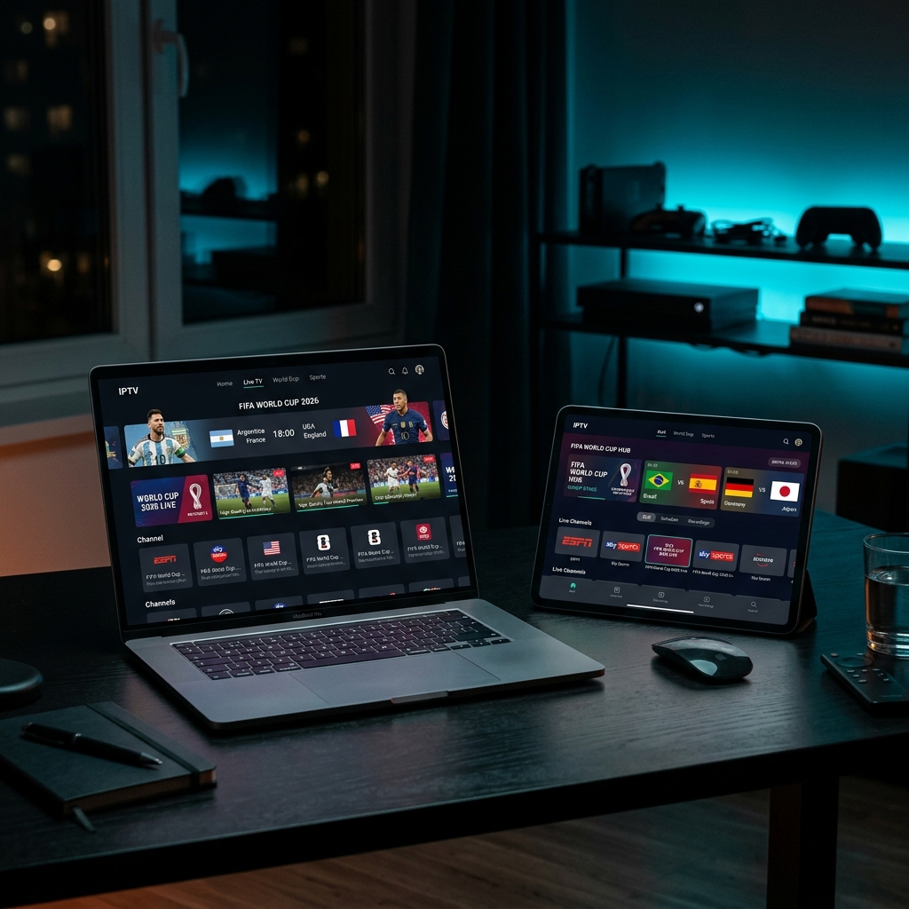 Multi-Geräte 4K WM-Streaming-Setup mit TV, Tablet und Handy