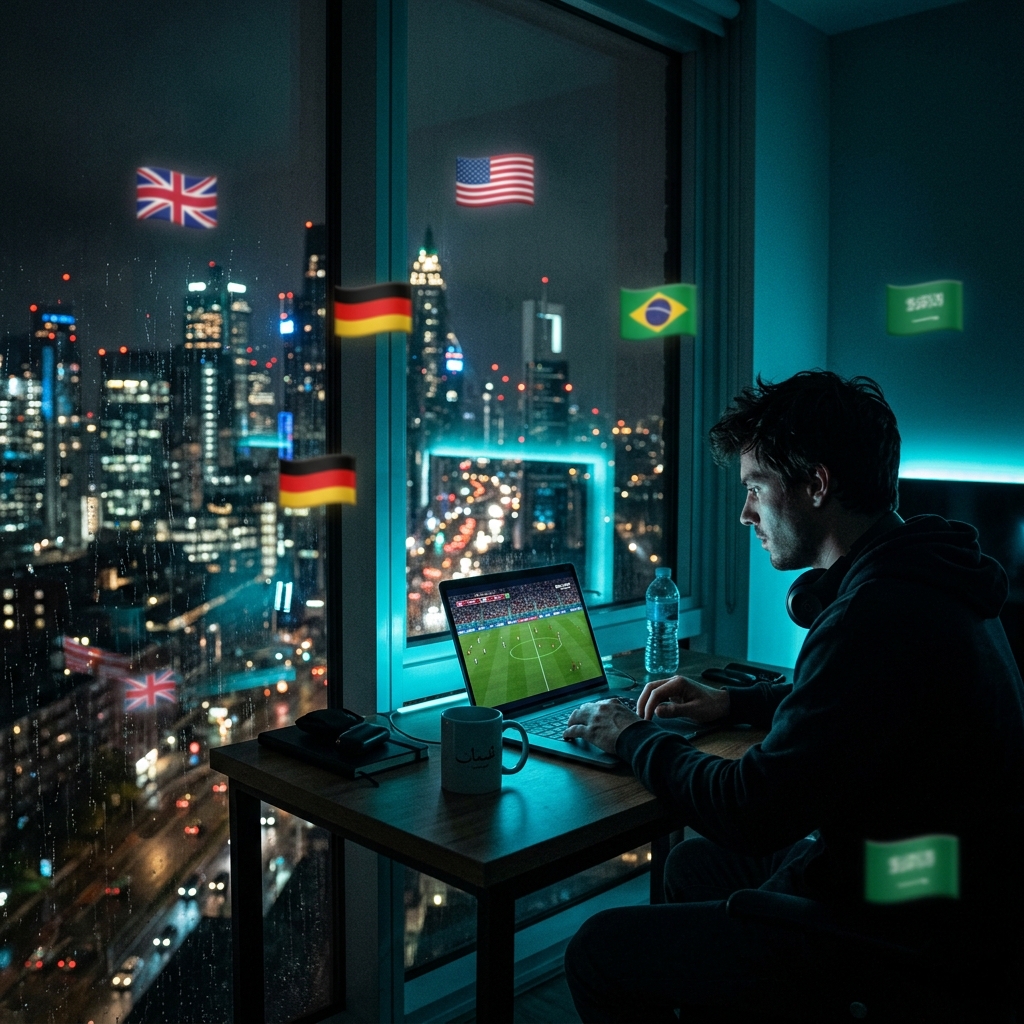 Expat schaut WM 2026 auf Laptop aus dem Ausland mit IPTV